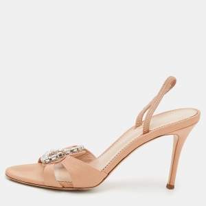 Pre Owned Giuseppe Zanotti Pale Orange Fabric Crystal Embellished Slingback Sandals Size 38