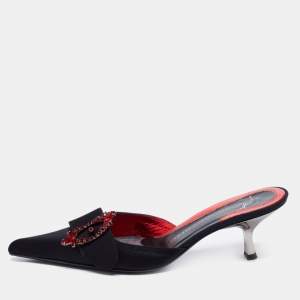 Pre Owned Giuseppe Zanotti Black Satin Crystal Embellished Buckle Pointed Toe Mules Size 36.5