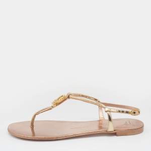 Pre Owned Giuseppe Zanotti Metallic Gold Leather Leo Zodiac Embellished Thong Flat Sandals Size 39