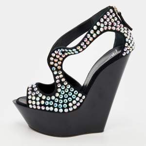 Pre Owned Giuseppe Zanotti Black Suede Crystal Embellished Platform Wedge Sandals Size 39