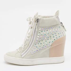 Pre Owned Giuseppe Zanotti Light Grey/Beige Suede And Leather Embellished Wedge Sneakers Size 39.5