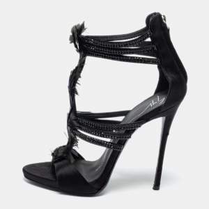 Pre Owned Giuseppe Zanotti Black Feather And Satin Crystal Embellished Sandals Size 36