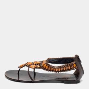 Pre Owned Giuseppe Zanotti Brown Leather Crystal Embellished Flat Thong Sandals Size 39