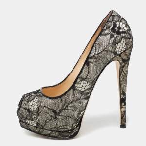 Pre Owned Giuseppe Zanotti Black/White Lace and Glitter Peep-Toe Platform Pumps Size 38.5
