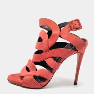 Giuseppe Zanotti Coral Pink Suede Cut Out Cage Sandals Size 40