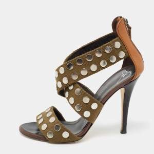 Pre Owned Giuseppe Zanotti Olive Green/Brown Studded Canvas And Leather Strappy Sandals Size 38