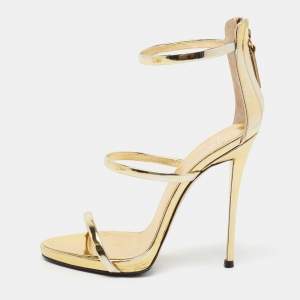 Pre Owned Giuseppe Zanotti Gold Leather Harmony Ankle-Strap Sandals Size 37