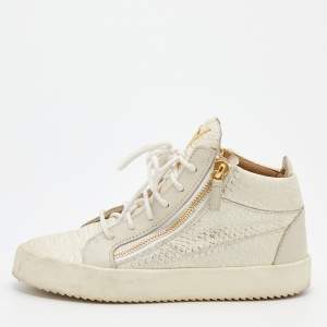 Pre Owned Giuseppe Zanotti Cream Python Embossed Leather Double Zip High Top Sneakers Size 39