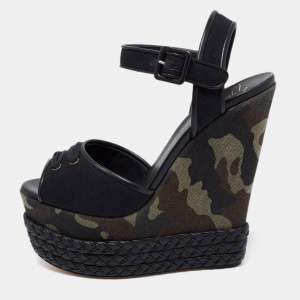 Pre Owned Giuseppe Zanotti Black Canvas And Leather Braided Camouflage Platform Wedge Sandals Size 41