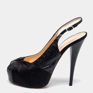 Pre Owned Giuseppe Zanotti Black Python Embossed Leather and Pleated Satin Peep-Toe Slingback Pumps Size 41