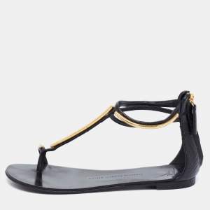 Pre Owned Giuseppe Zanotti Black Leather Ankle Strap Thong Flats Size 38
