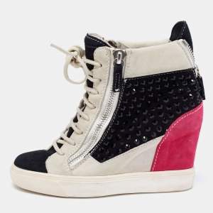 Giuseppe Zanotti Multicolor Crystal Embellished Suede Wedge Sneakers Size 36