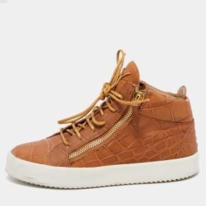 Pre Owned Giuseppe Zanotti Tan Croc Embossed Leather London High-Top Sneakers Size 40
