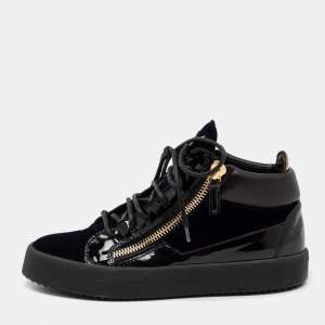 Pre Owned Giuseppe Zanotti Black/Navy Blue Velvet and Leather Coby High Top Sneakers Size 40