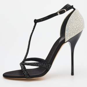 Pre Owned Giuseppe Zanotti Black/White Suede Crystal Embellished T-Strap Sandals Size 38