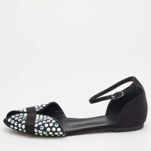Pre Owned Giuseppe Zanotti Blue/Black Suede And Satin Crystal Embellished Ankle Strap Flat Sandals Size 39