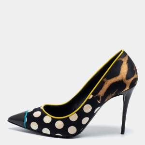 Pre Owned Giuseppe Zanotti Multicolor Leopard/Polka Dot Print Satin And Patent Leather Yvette Pointed Toe Pumps Size 38