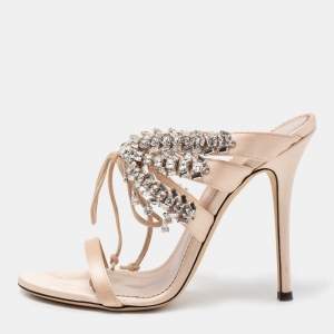 Pre Owned Giuseppe Zanotti Beige Satin Crystal Embellished Slide Sandals Size 38
