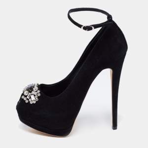 Pre Owned Giuseppe Zanotti Black Suede Crystal Embellished Ankle-Strap Peep-Toe Platform Pumps Size 35