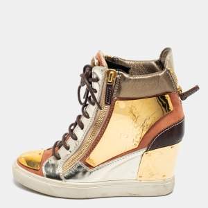 Pre Owned Giuseppe Zanotti Multicolor Leather and Suede Hidden Wedge Sneakers Size 38