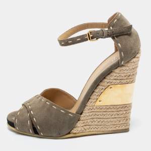 Pre Owned Giuseppe Zanotti Olive Green Suede Espadrilles Wedge Ankle Strap Sandals Size 38