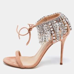 Pre Owned Giuseppe Zanotti Beige Suede Crystal Carrie Evening Tie Sandals Size 37