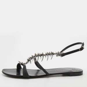 Pre Owned Giuseppe Zanotti Black Suede Fishbone Strappy Flat Sandals Size 39