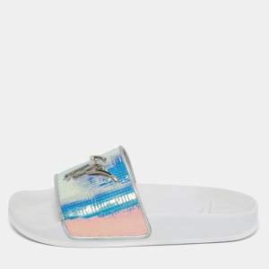 Pre Owned Giuseppe Zanotti White Holographic Brett Slide Sandals Size 39