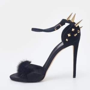 Pre Owned Giuseppe Zanotti Black Suede and Fur Spiked Ankle Strap Sandals Size 41