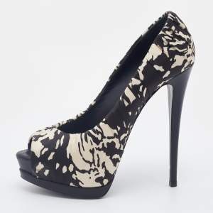 Pre Owned Giuseppe Zanotti Black/Cream Printed Satin Peep Toe Platform Pumps Size 39.5