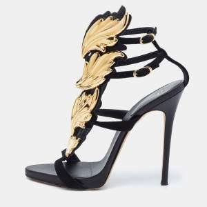 Pre Owned Giuseppe Zanotti Black Leather And Suede Argent Metal Wing Embellished Strappy Sandals Size 37.5