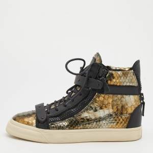 Pre Owned Giuseppe Zanotti Black/Gold Python Embossed Leather Double Zip High Top Sneakers Size 38.5
