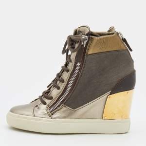 Pre Owned Giuseppe Zanotti Multicolor Canvas And Leather High Top Wedge Sneakers Size 37.5
