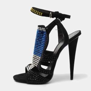 Giuseppe Zanotti Black Multicolor Crystal Embellished Suede Cut Out Sandals Size 39