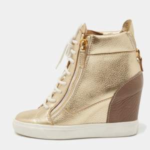 Giuseppe Zanotti Gold Leather High Top Wedge Sneakers Size 37