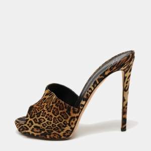 Pre Owned Giuseppe Zanotti Brown Fabric Tiger Print Slide Sandals Size 38