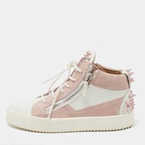Giuseppe Zanotti Pink/White Suede and Leather Double Zipper High Top Sneakers Size 37