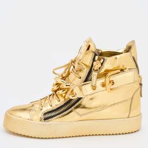 Giuseppe Zanotti Metallic Gold Leather Chain High Top Sneakers Size 39