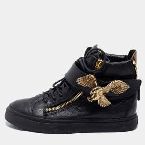 Pre Owned Giuseppe Zanotti Black Leather Eagle Strap High Top Sneakers Size 37.5