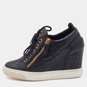 Pre Owned Giuseppe Zanotti Black Croc Embossed Leather Wedge Sneakers Size 38