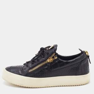 Pre Owned Giuseppe Zanotti Black Croc Embossed Leather Double Zipper Low Top Sneakers Size 40