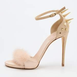 Pre Owned Giuseppe Zanotti Beige Suede, Satin and Mink Fur Spiked Ankle Strap Sandals Size 40