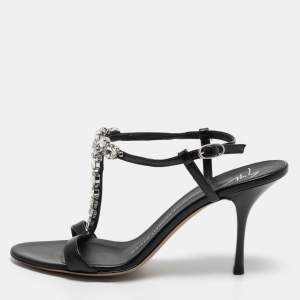 Pre Owned Giuseppe Zanotti Black Leather Crystal Embellished T-Strap Sandals Size 37.5