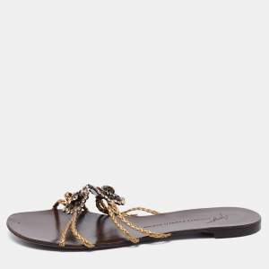 Pre Owned Giuseppe Zanotti Gold Leather Embellished Slide Sandals Size 39