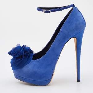 Giuseppe Zanotti Blue Suede Flower Applique Peep Toe Platform Ankle Strap Pumps Size 37
