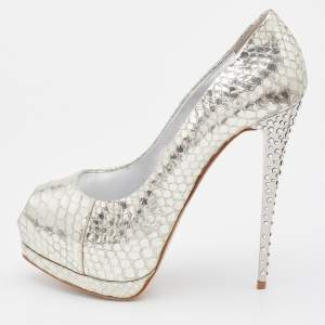 Pre Owned Giuseppe Zanotti Silver Python Embossed Leather Peep Toe Platform Pumps Size 38.5