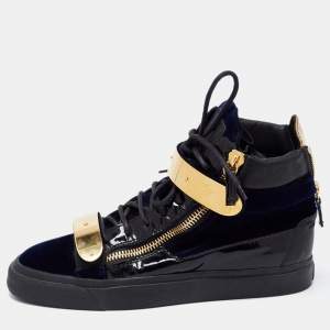 Giuseppe Zanotti Navy Blue/Black Velvet, Patent and Leather Coby High Top Sneakers Size 39