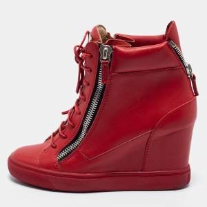 Pre Owned Giuseppe Zanotti Red Leather High Top Wedge Sneakers Size 39