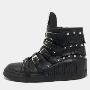 Pre Owned Giuseppe Zanotti Black Leather Buckle and Studded Fringe Detail High Top Sneakers Size 39.5