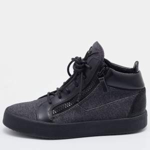 Pre Owned Giuseppe Zanotti Black/Grey Fabric and Leather Kriss High Top Sneakers Size 39